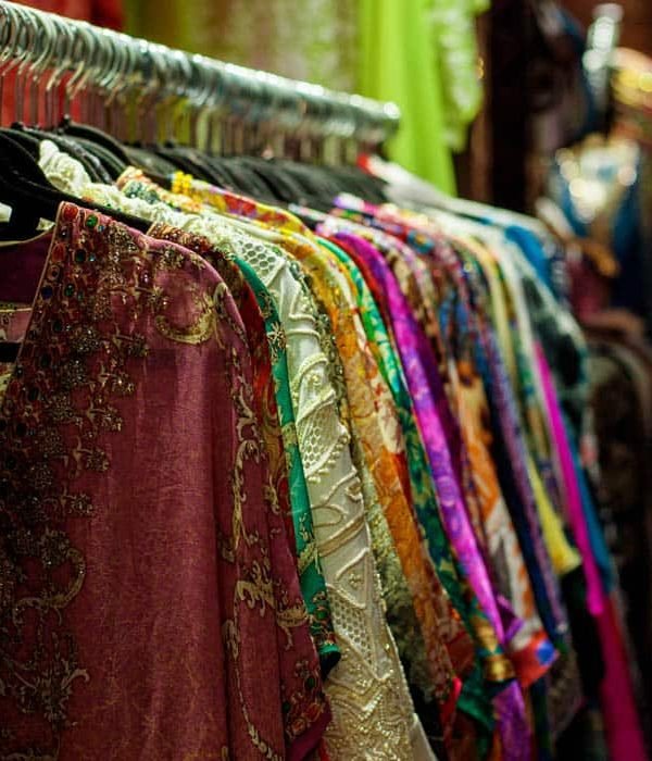 Sale of sarees of different colors on the eastern market, close-up